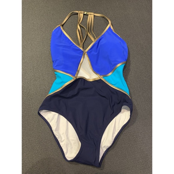 New GOTTEX Blue Teal Gold‎ Goddess 1 Pc Strappy Swimsuit Size 10 - Picture 1 of 4
